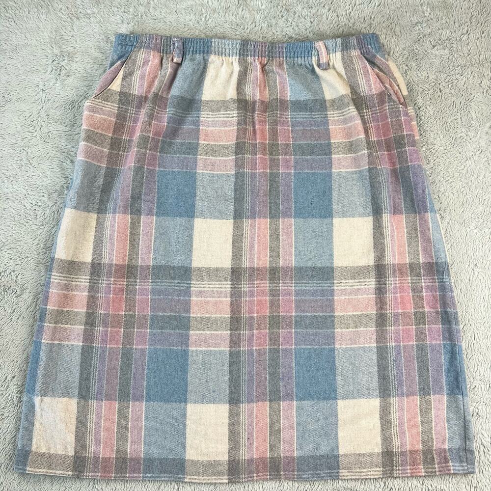 Vintage Wool Pastel Plaid Skirt women's size XL Blue Pink White 1980's
